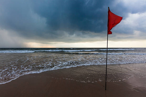 istock Storm warning flags on beach. Baga, Goa, India 520753785