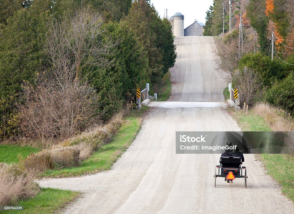 An open road with a Mennonite horse and buggy in Ontario An old order Mennonite buggy in southern Ontario. Old order Mennonites in this region still believe in the "old" ways and do not own vehicles. Ontario - Canada Stock Photo