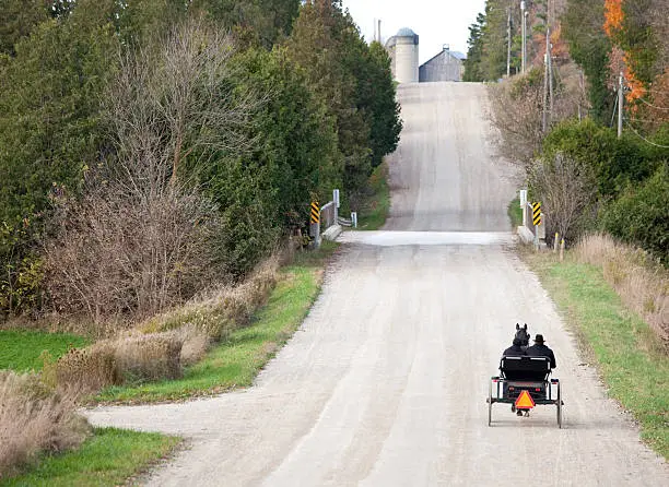 Photo of An open road with a Mennonite horse and buggy in Ontario