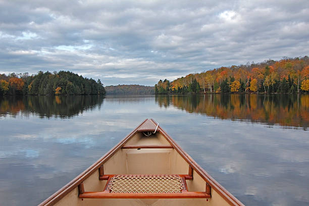 Green canoe floating on a quiet lake near a wooded shoreline during autumn. The empty boat and wide open water suggest solitude, outdoor recreation, and a peaceful connection with nature in a rural setting.