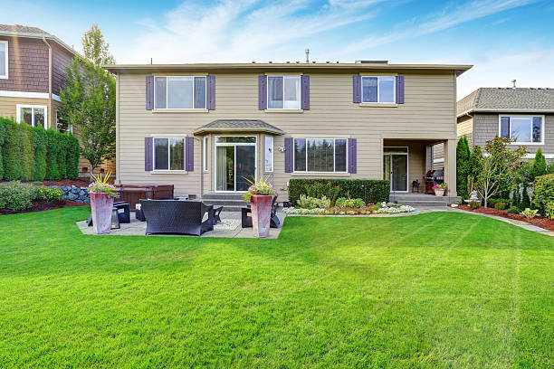 istock Luxury house exterior with impressive backyard landscape design 520757237
