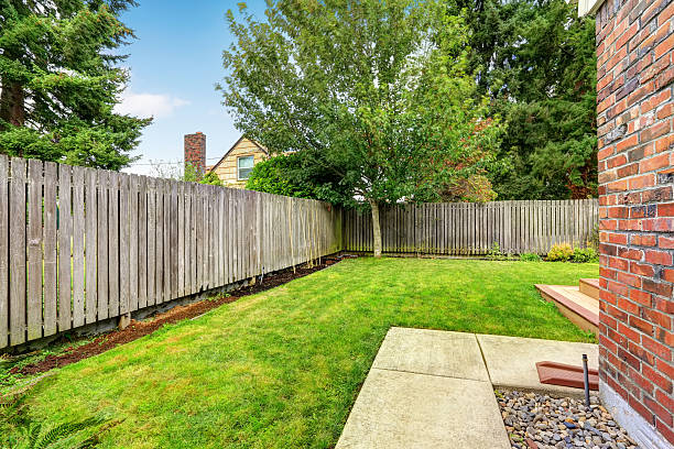istock Backyard with wooden fence and walkway 520758111