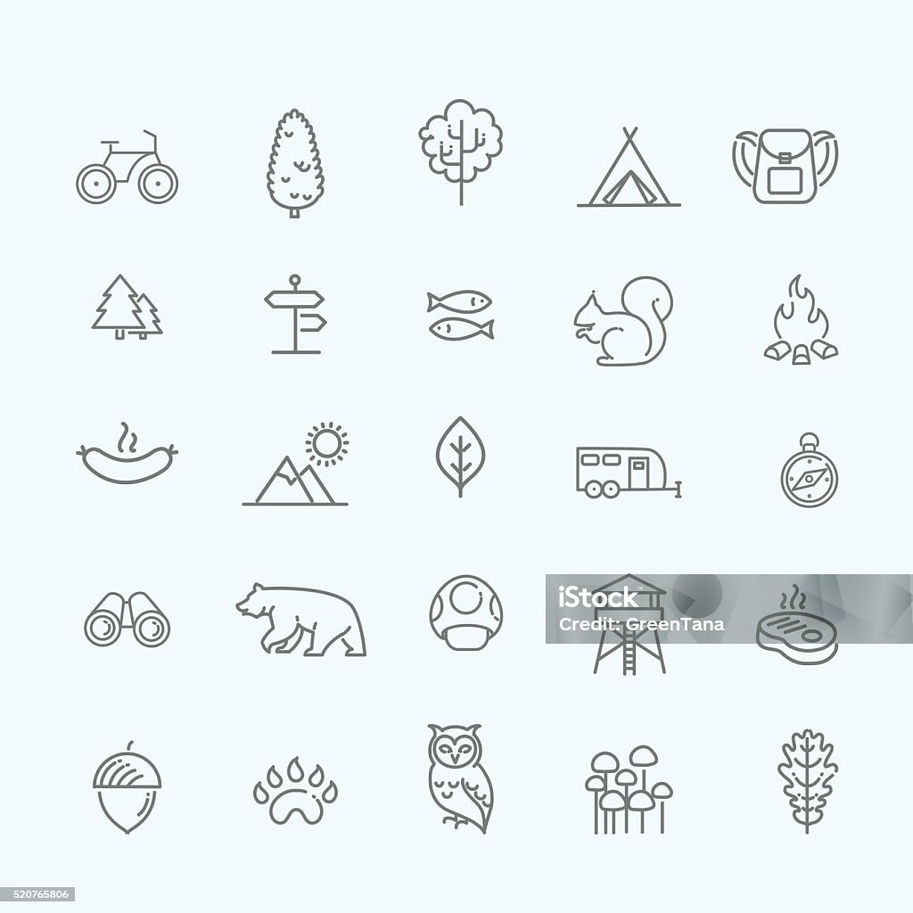 Camping, Wald, Natur Symbole &  Aktivitäten im Freien - Lizenzfrei Icon Vektorgrafik