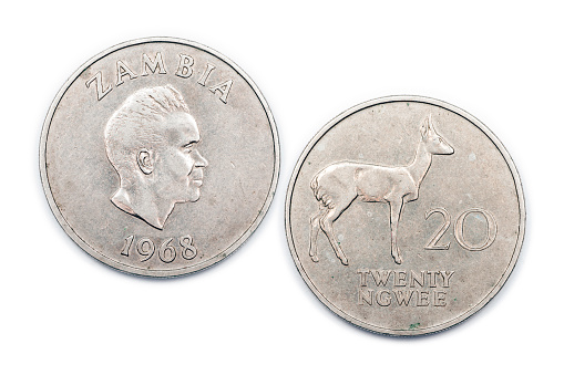 A twenty Ngwee coin from Zambia. It was minted in 1968.
