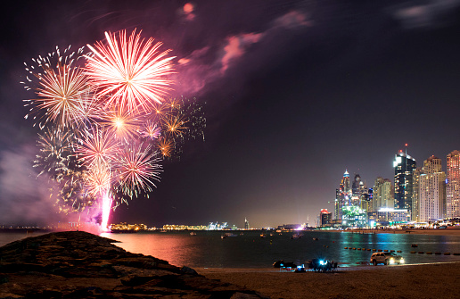 Firework display from Dubai Marina during the New year celebration of 2016.