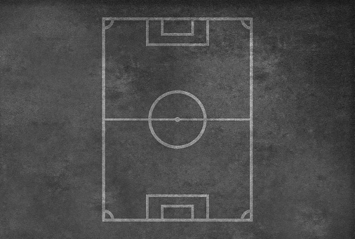 Empty Soccer Field on an old scratched Blackboard. Chalk drawn. Digitally created image.