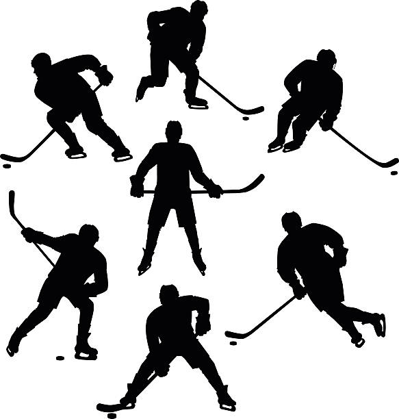 ilustraciones, imágenes clip art, dibujos animados e iconos de stock de conjunto de 7 siluetas de hockey sobre hielo - hockey sobre ruedas