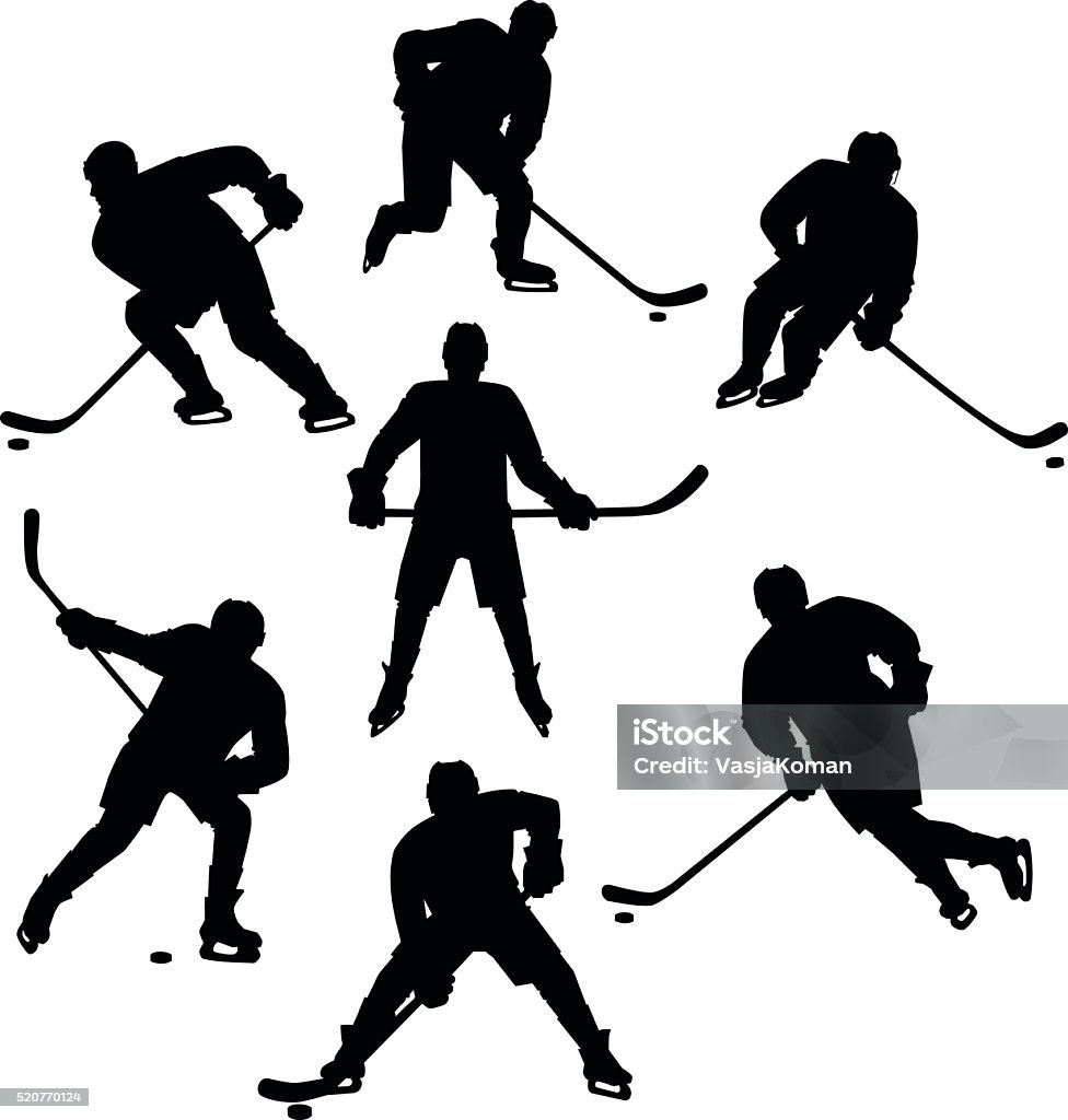 Ice Hockey Seven Silhouettes Set All images are placed on separate layers. They can be removed or altered if you need to. No gradients were used. No transparencies.  Hockey stock vector