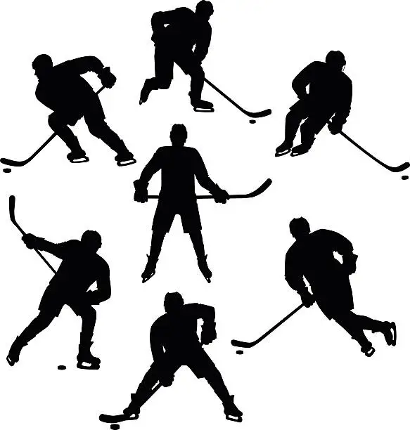 Vector illustration of Ice Hockey Seven Silhouettes Set