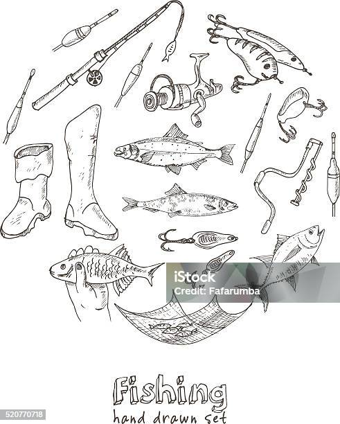 Fishing Tackle Tools Sketches Handdrawing Fishing Equipment Stock  Illustration - Download Image Now - iStock