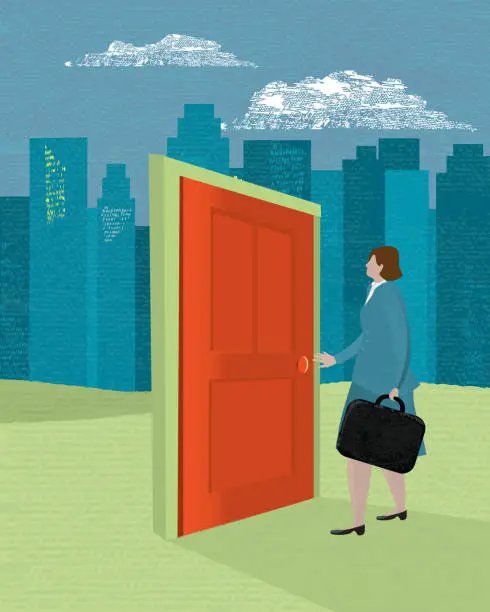 Vector illustration of New business adventure - Stylized business woman opening door