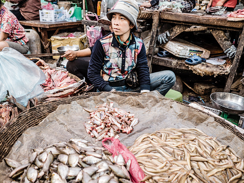 Siem Reap, Сambodia - February 25, 2016: People selling fresh fish at Phsar Leu Thom Thmey market in Siem Reap Cambodia. This is one of the largest public markets of the city. Hundreds of market stalls inside the building and outside of it sell their goods everyday to local residents.