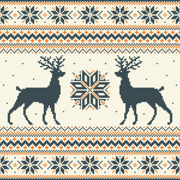 Winter Background Winter pixel background with deer and snowflakes christmas pattern pixel stock illustrations