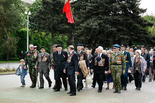 Volgograd, Russia - May 9, 2009: World War II veterans on Victory Day celebration on the Ploshhad' Pavshih Borcov (the Square of the Fallen Fighters) in Volgograd