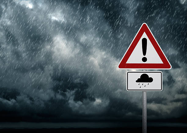 Caution - Heavy Rain A dark cloudy sky with rain and warning sign - computer generated image road warning sign photos stock pictures, royalty-free photos & images