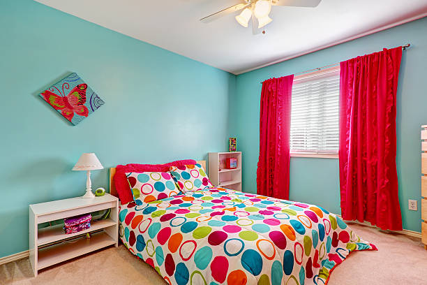 istock Cheerful bedroom interior in turquoise color 520773763