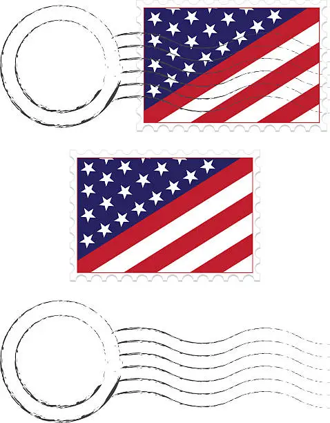 Vector illustration of Postmark, Postage Stamps Set with American Flags and Extra Blanks