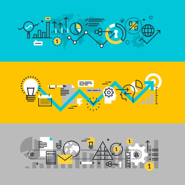 ilustrações de stock, clip art, desenhos animados e ícones de conjunto de bandeiras web projeto linha plana para o processo de negócio - flowchart flow chart computer software asking