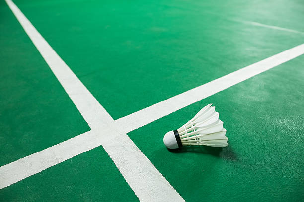 Indoor Badminton ball on green Badminton court Indoor Badminton ball on green Badminton court badminton stock pictures, royalty-free photos & images