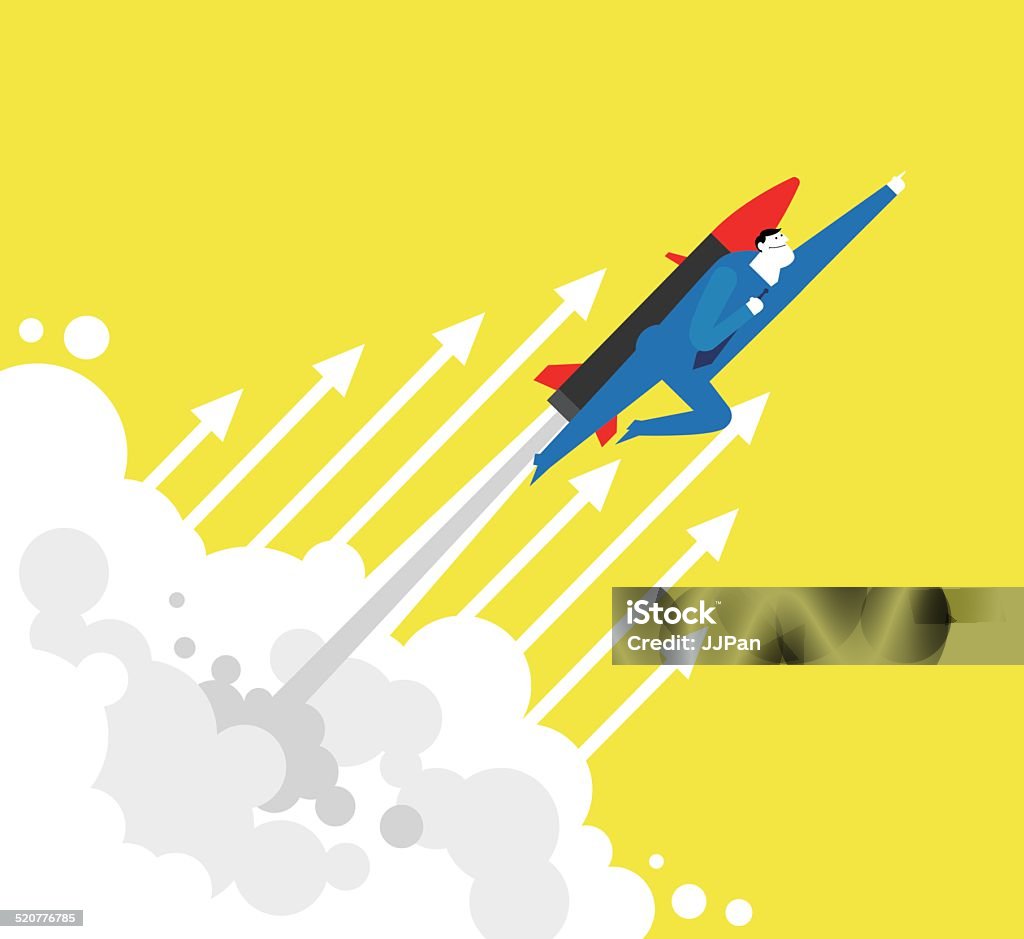 Flying UP! UP!A business man is flying through the clouds by rocket. Working stock vector