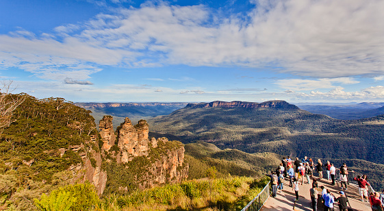 australia NSW blue mountains panoramic view at three sisters landmark rock formation and underneath valley from echo point lookout at sunset