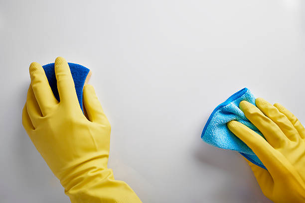 istock Hands of cleaning staff with rag and scourer working 520780064