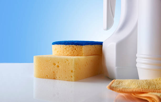 istock Professional cleaning equipment on white table close up 520780626