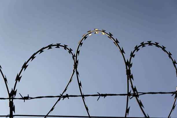 istock Prison wall barbed wire fence detail with blue sky background 520780724