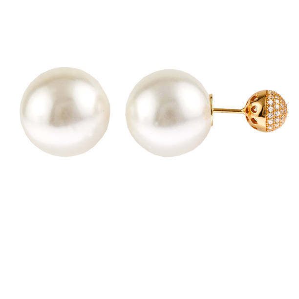 istock White Pearl stud earrings with Gold And CZ Side Top 520786059