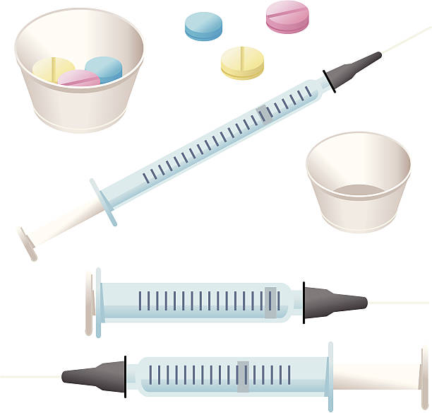 ilustrações, clipart, desenhos animados e ícones de seringas e remédios - syringe surgical needle vaccination injecting