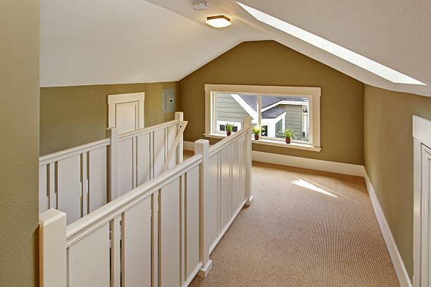 istock Green and white upstairs hallway with vaulted ceiling and skylig 520786919