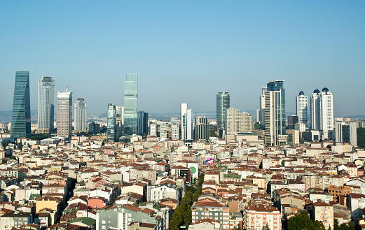 Sunny day in Istanbul, Turkey. Cityscape of Eminonu district, Golden Horn and Karakoy in background.