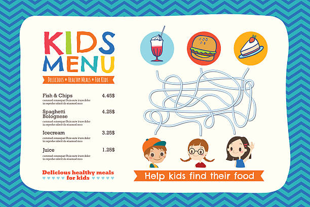 귀여운 색상화 어린이 식사 메뉴 형판 - 카드 여가활동 게임 stock illustrations