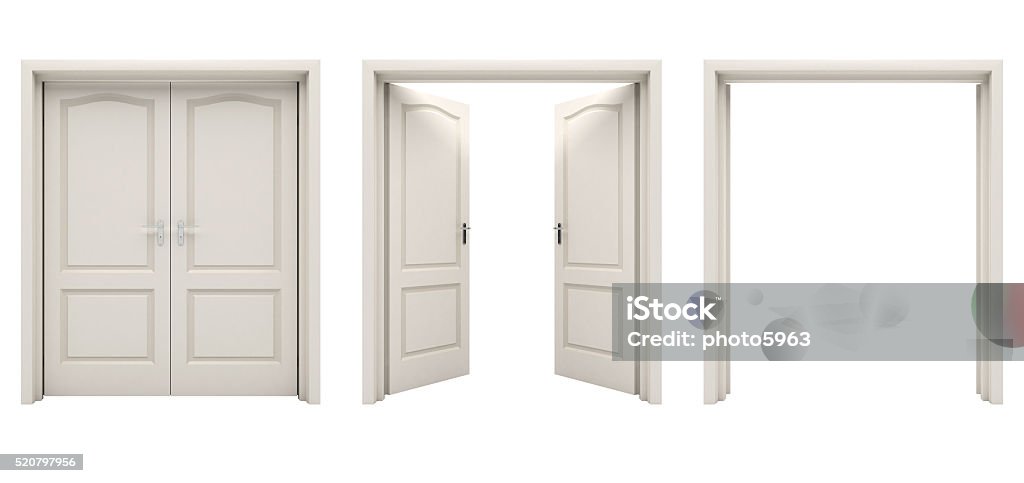 Open white double door isolated on a white background. Open and closed double doors Isolated on White Background. Door Stock Photo