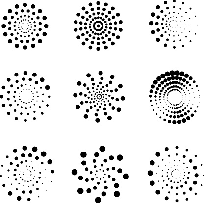 Abstract dotted spirals vector set. Dotted whirlpool spiral, dot spiral twirl, creativity spiral whirl motion illustration