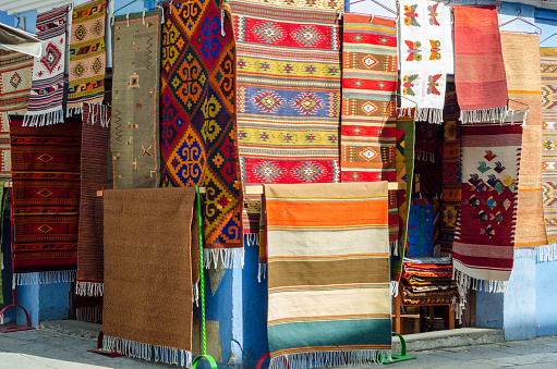 Handmade colorful carpets. Souvenirs from Oaxaca, Mexico