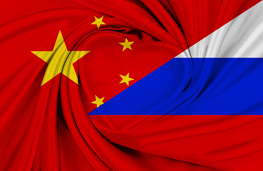 Chinese and Russian flag, three dimensional render, satin texture
