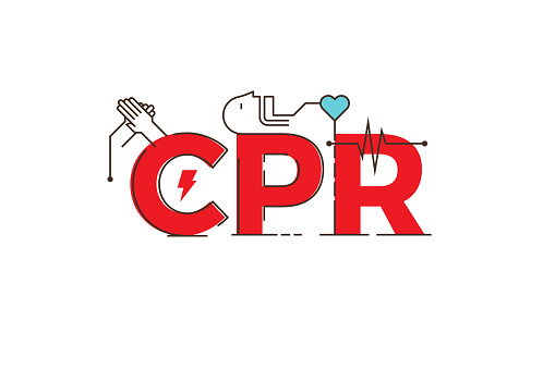 CPR -cardiopulmonary resuscitation word lettering typography design illustration with outline icons and ornaments in red theme