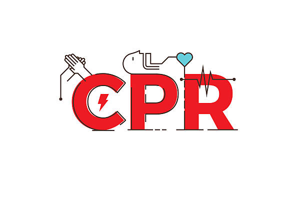 CPR word design illustration CPR -cardiopulmonary resuscitation word lettering typography design illustration with outline icons and ornaments in red theme cpr stock illustrations