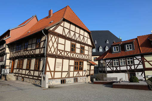 Wernigerode, Germany – April 09, 2016: Museum Crooked House in downtown Wernigerode in Saxony-Anhalt. Its a famous timbered House near the Town Hall.