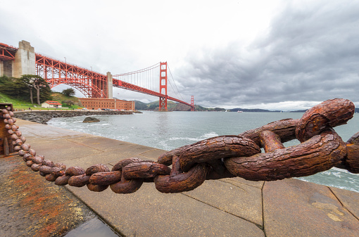 Golden Gate Bridge in San Francisco on a cloudy day.