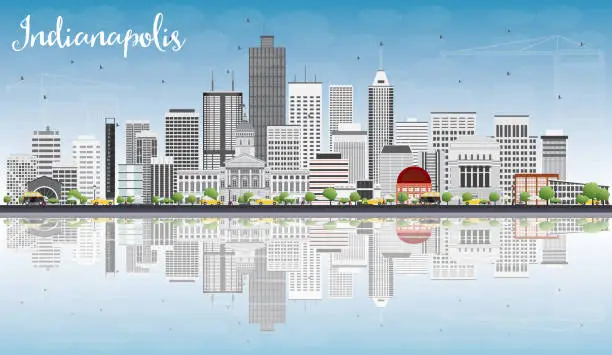 Vector illustration of Indianapolis Skyline with Gray Buildings, Blue Sky and Reflectio