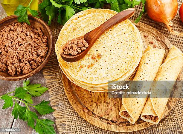 Pancakes With Meat Stock Photo - Download Image Now - Meat, Pancake, Breakfast