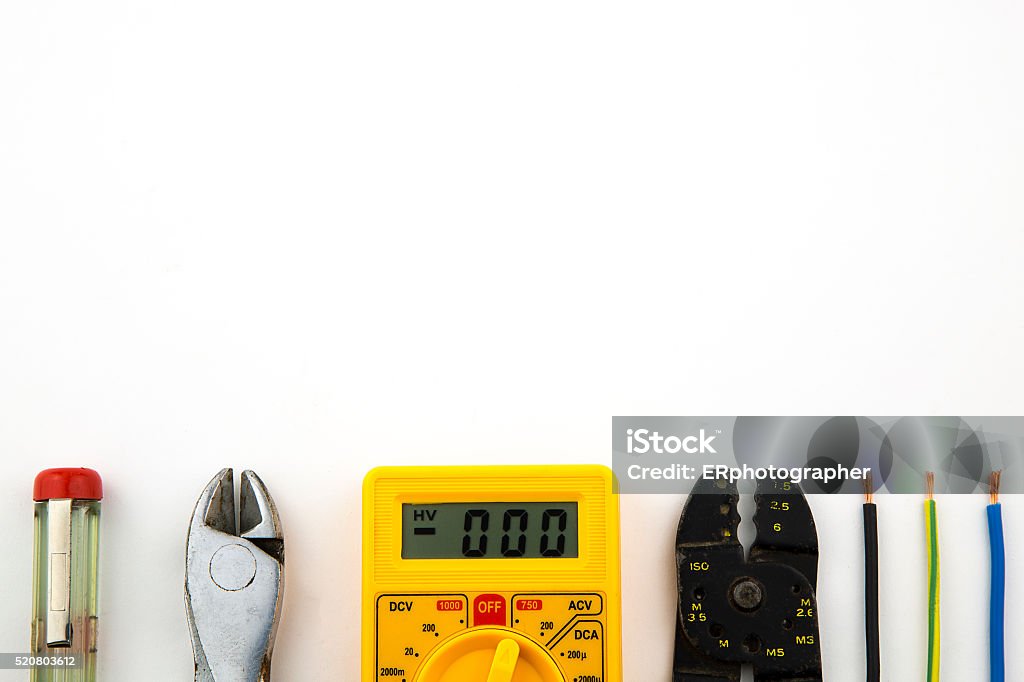 set electrician tools overhead of a electrician equipment Work Tool Stock Photo