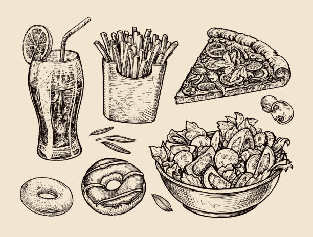 быстро пищевого продукта нарисованный от руки сода, лимонад, картофель, пиццу - bon appetite stock illustrations