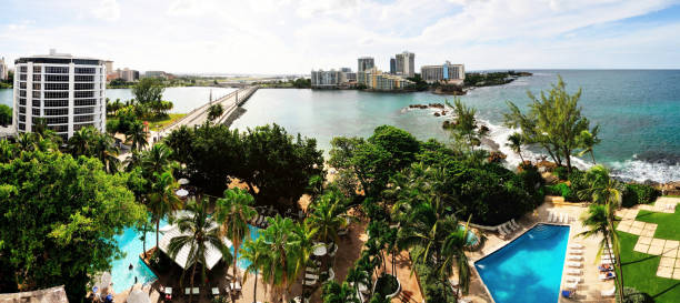 El San Juan, Puerto Rico - October 15, 2013: The waterfront of El San Juan leading to El Condado Plaza and the many hotels that share the coastline