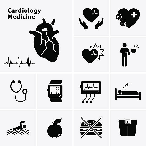 illustrazioni stock, clip art, cartoni animati e icone di tendenza di icone di medicina cardiologia. malattie cardiovascolari. - exercising doctor relaxation exercise blood pressure gauge