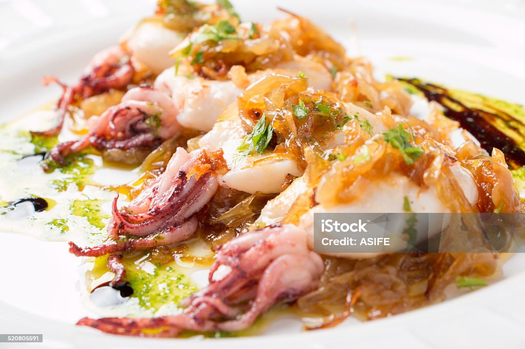 Squids with caramelized onion and parsley Squids with caramelized onion, parsley a nd some drops of vinegar syrup, called in the Basque Country as Pelayo squids French Basque Country Stock Photo
