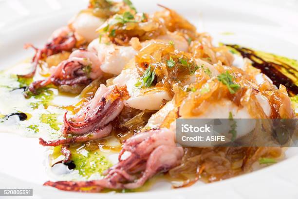 Squids With Caramelized Onion And Parsley Stock Photo - Download Image Now - French Basque Country, Pincho, Animal