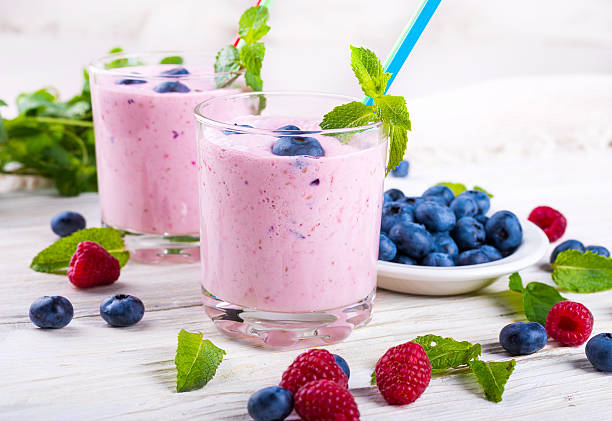 Milkshake with blueberries stock photo